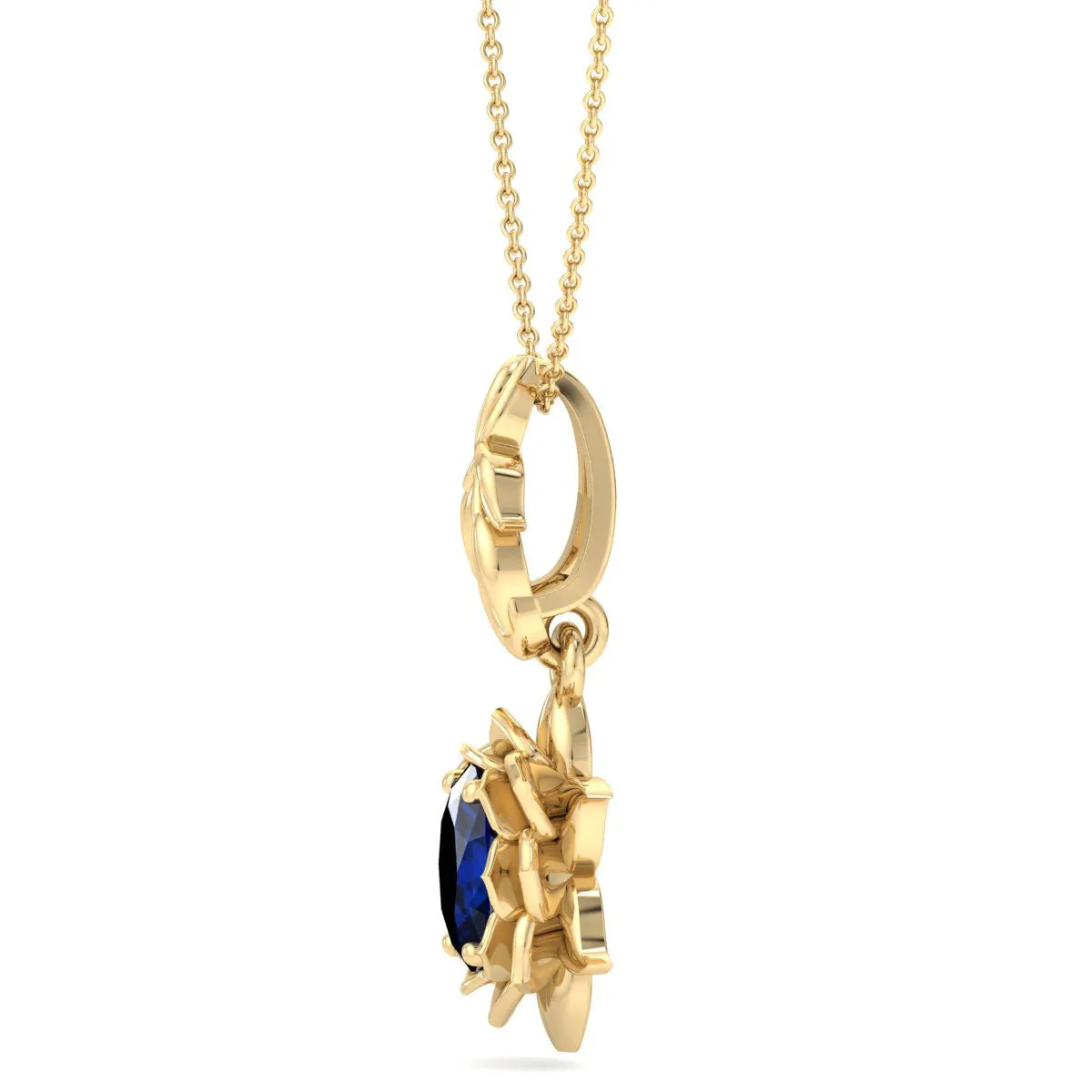 1 Carat Oval Shape Sapphire Ornate Necklace In 14K Yellow Gold