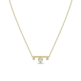 14k Pearl & Prong Diamonds Round Bar Necklace - SALE