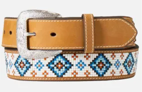 3D Western Mens Belt Leather Beaded Inlay Brown