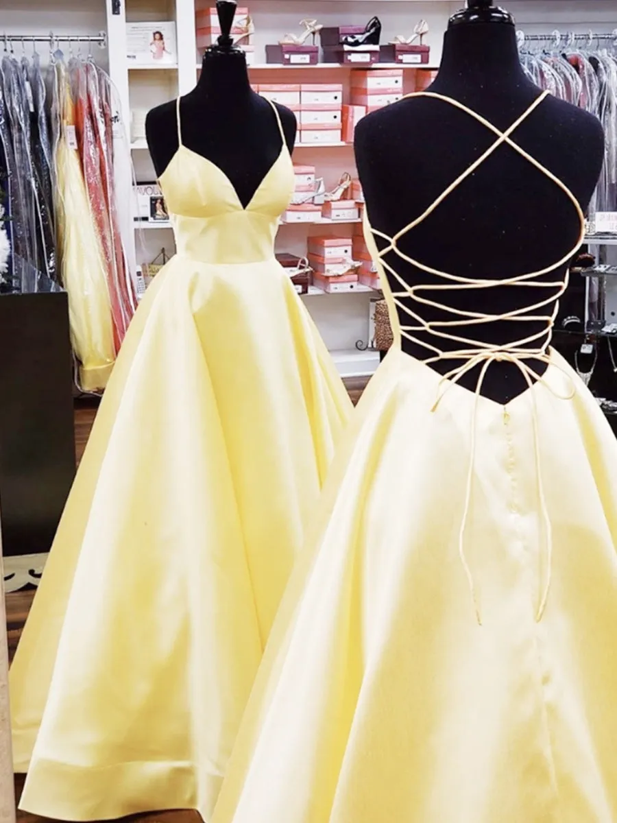 A Line V Neck Backless Long Prom Dresses with Cross Back Yellow Formal Graduation Evening Gowns