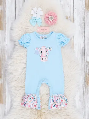 Baby Blue Cow Floral Ruffle Romper