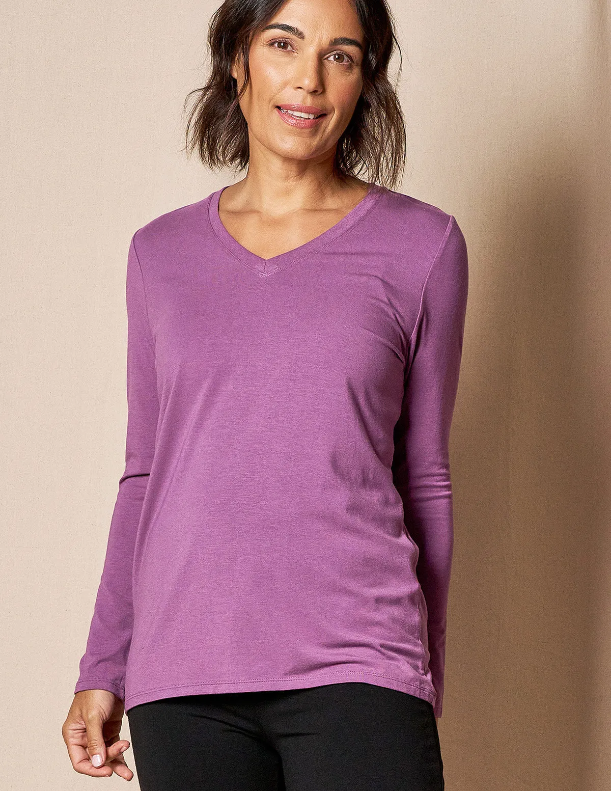 Bamboo / Organic Cotton Long Sleeve V-Neck Tee - Dusty Purple