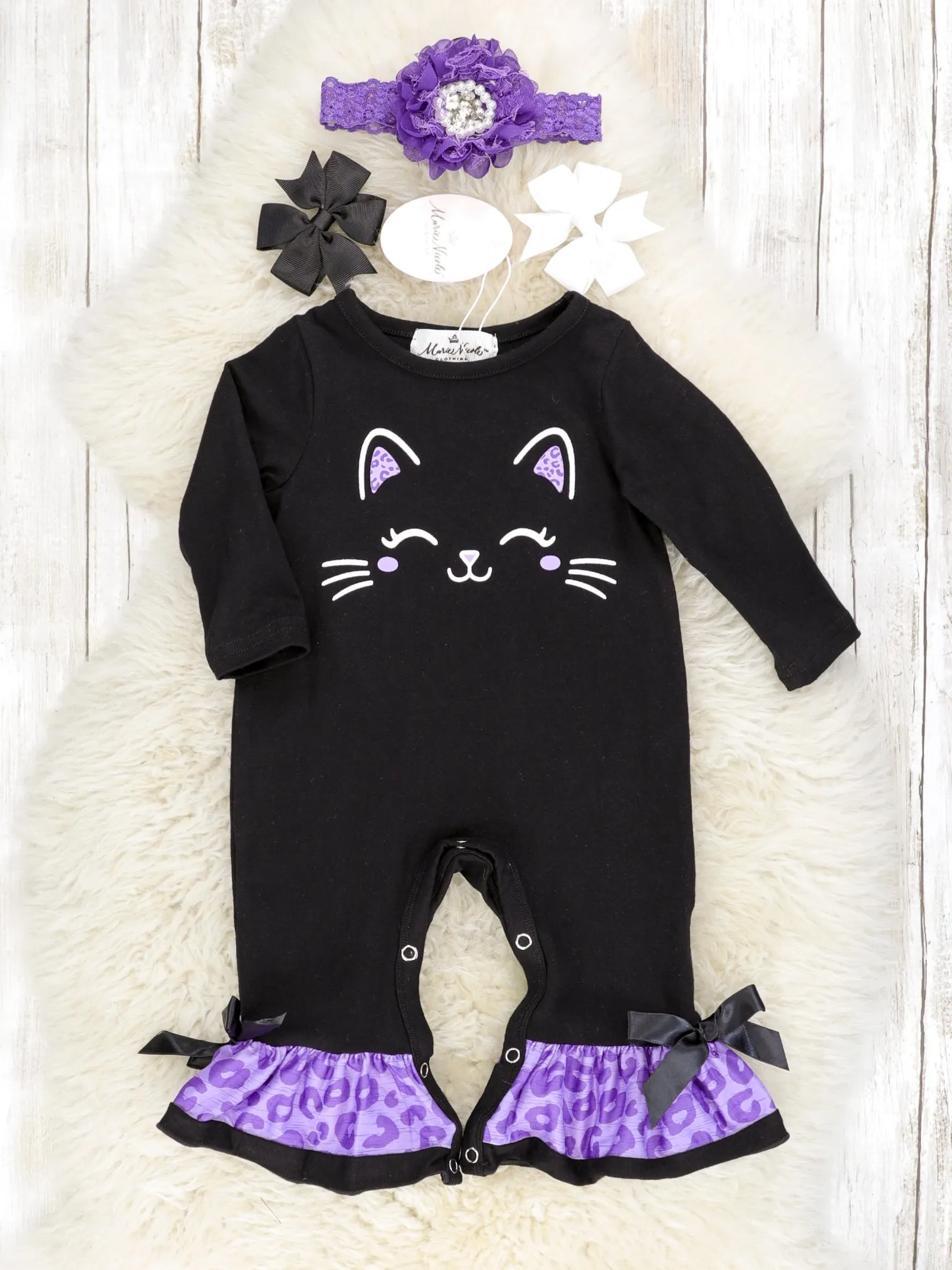 Black Cat Purple Leopard Print Ruffle Romper