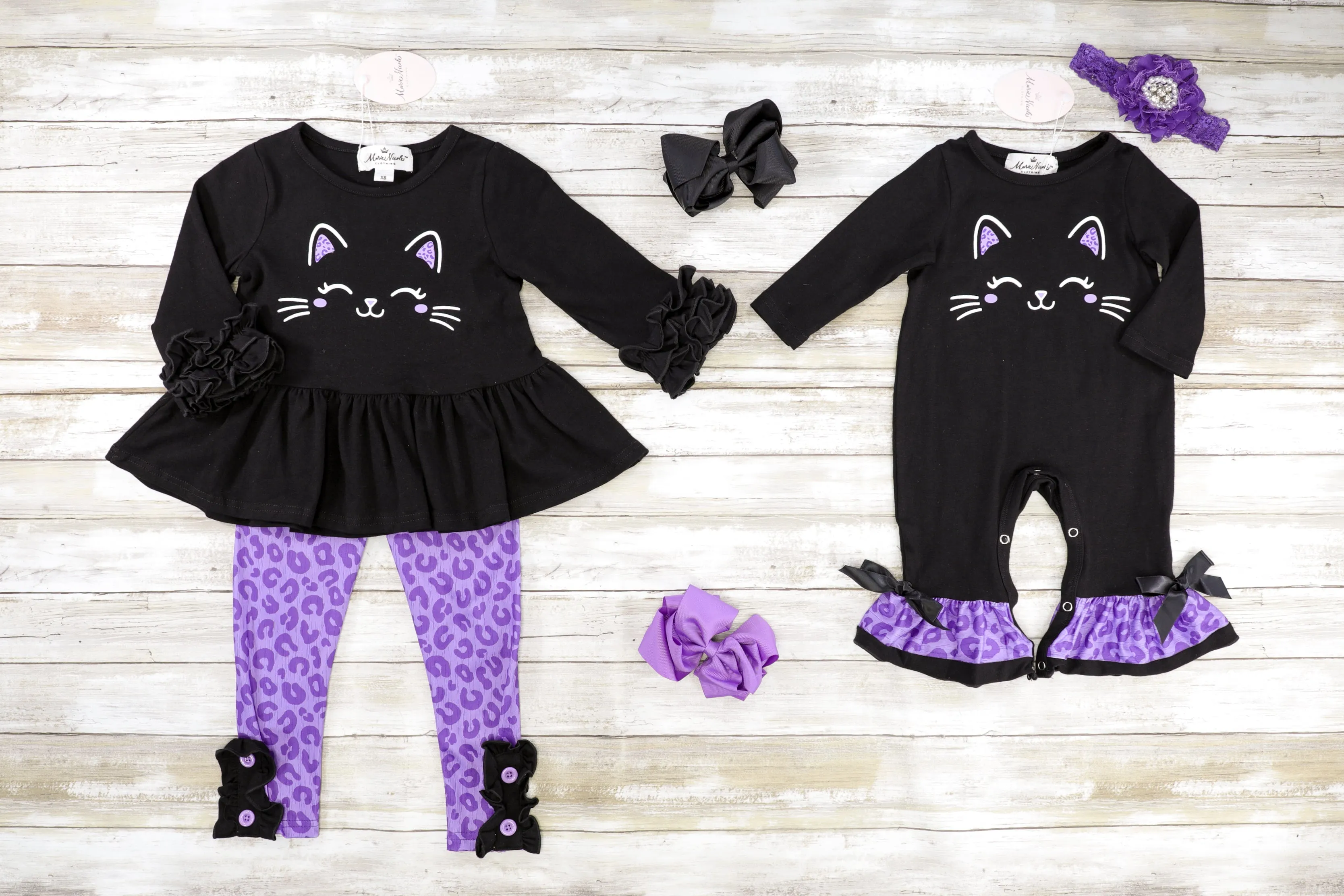 Black Cat Purple Leopard Print Ruffle Romper