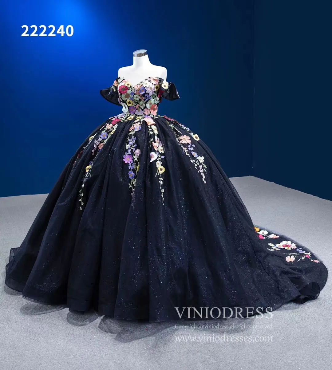 Black Floral Ball Gown Wedding Dress Off the Shoulder Sweet 16 Dress 222240