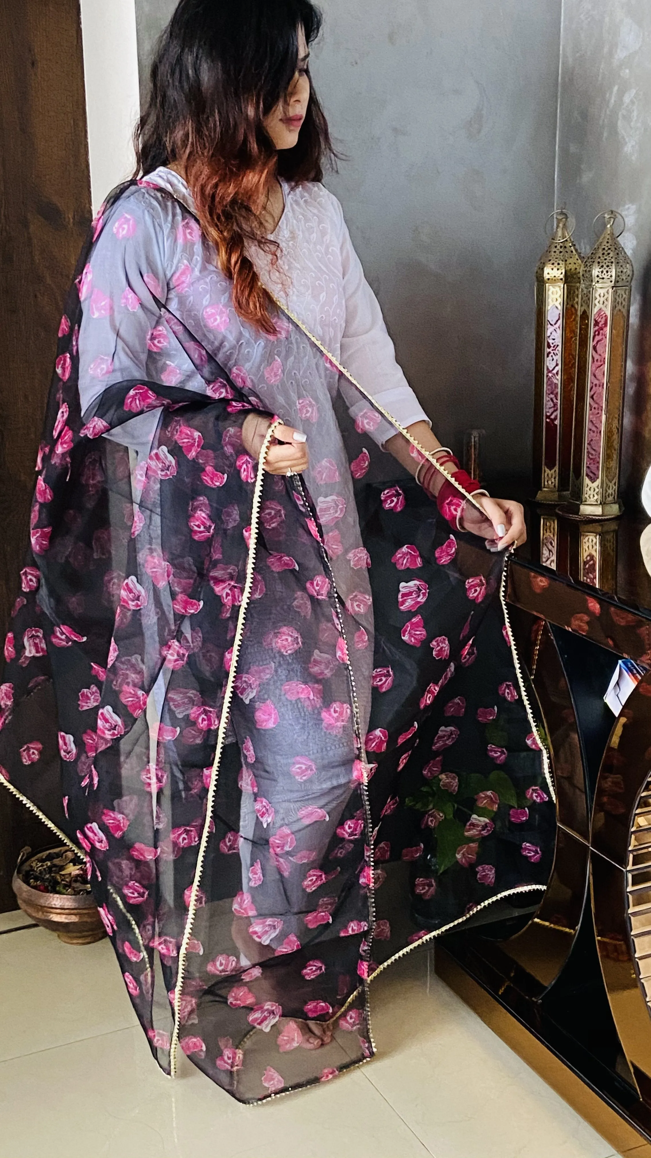 Black Floral Organza Dupatta