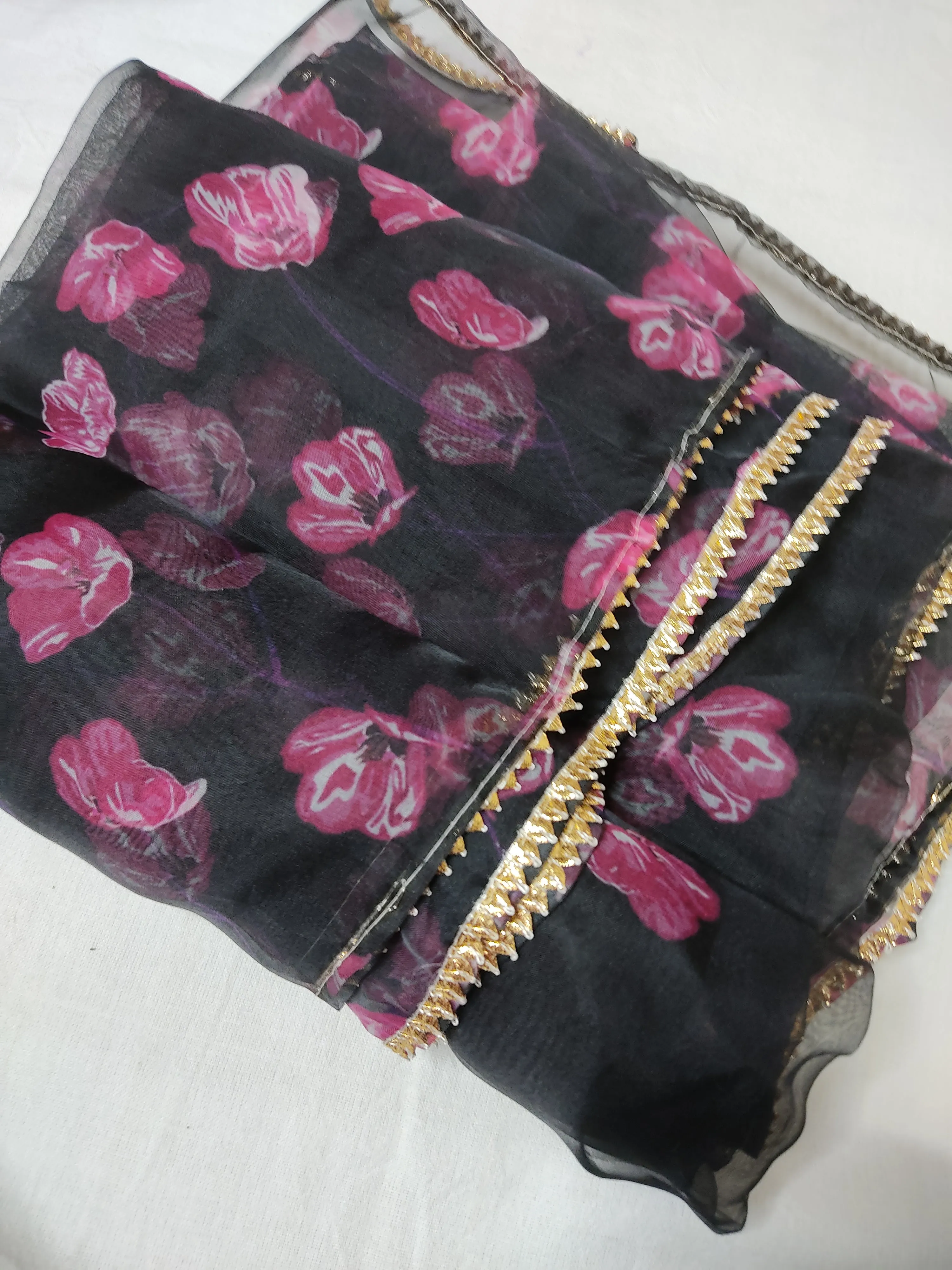 Black Floral Organza Dupatta