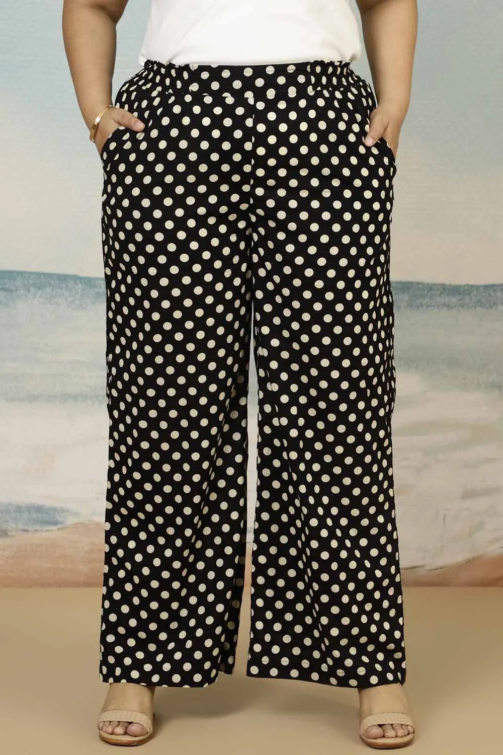 Black Polka Print Cotton Plus Size Pant