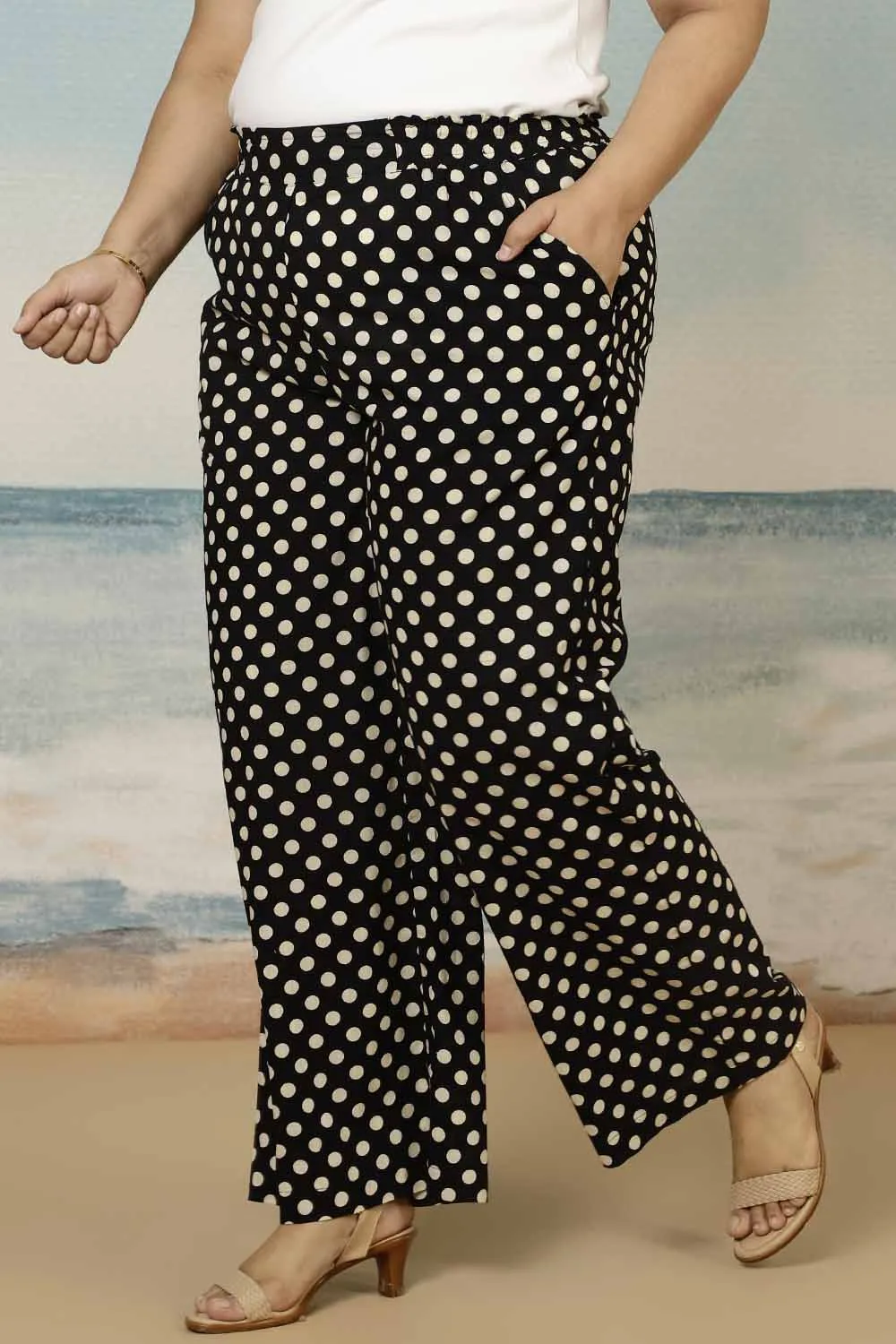 Black Polka Print Cotton Plus Size Pant