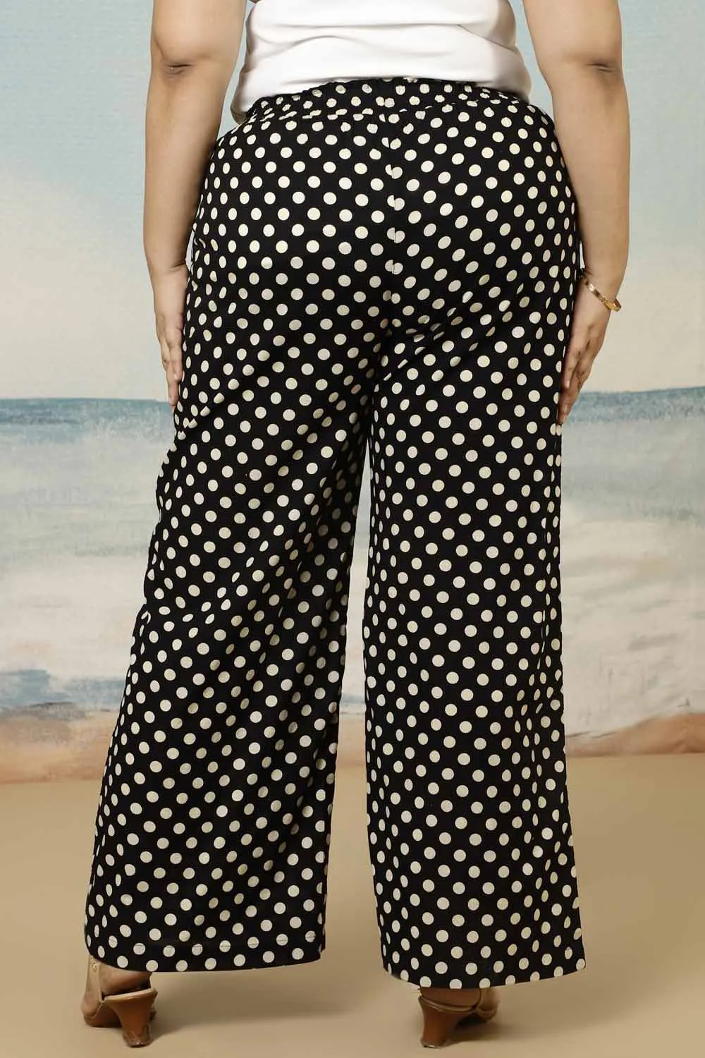 Black Polka Print Cotton Plus Size Pant