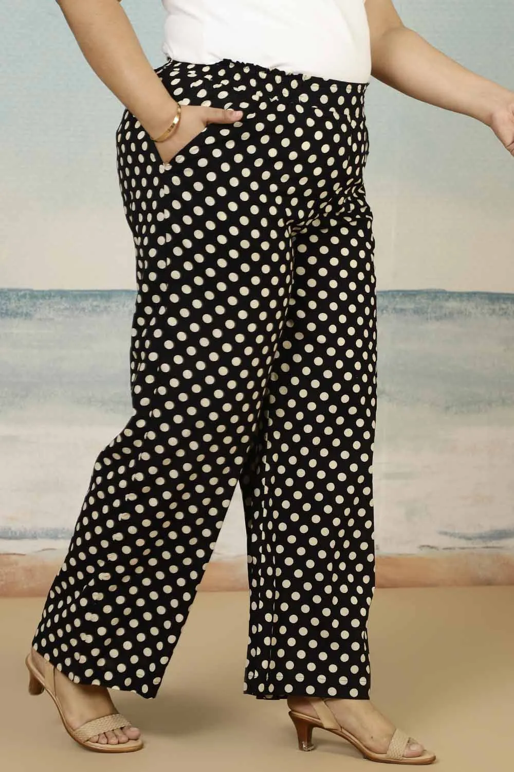 Black Polka Print Cotton Plus Size Pant