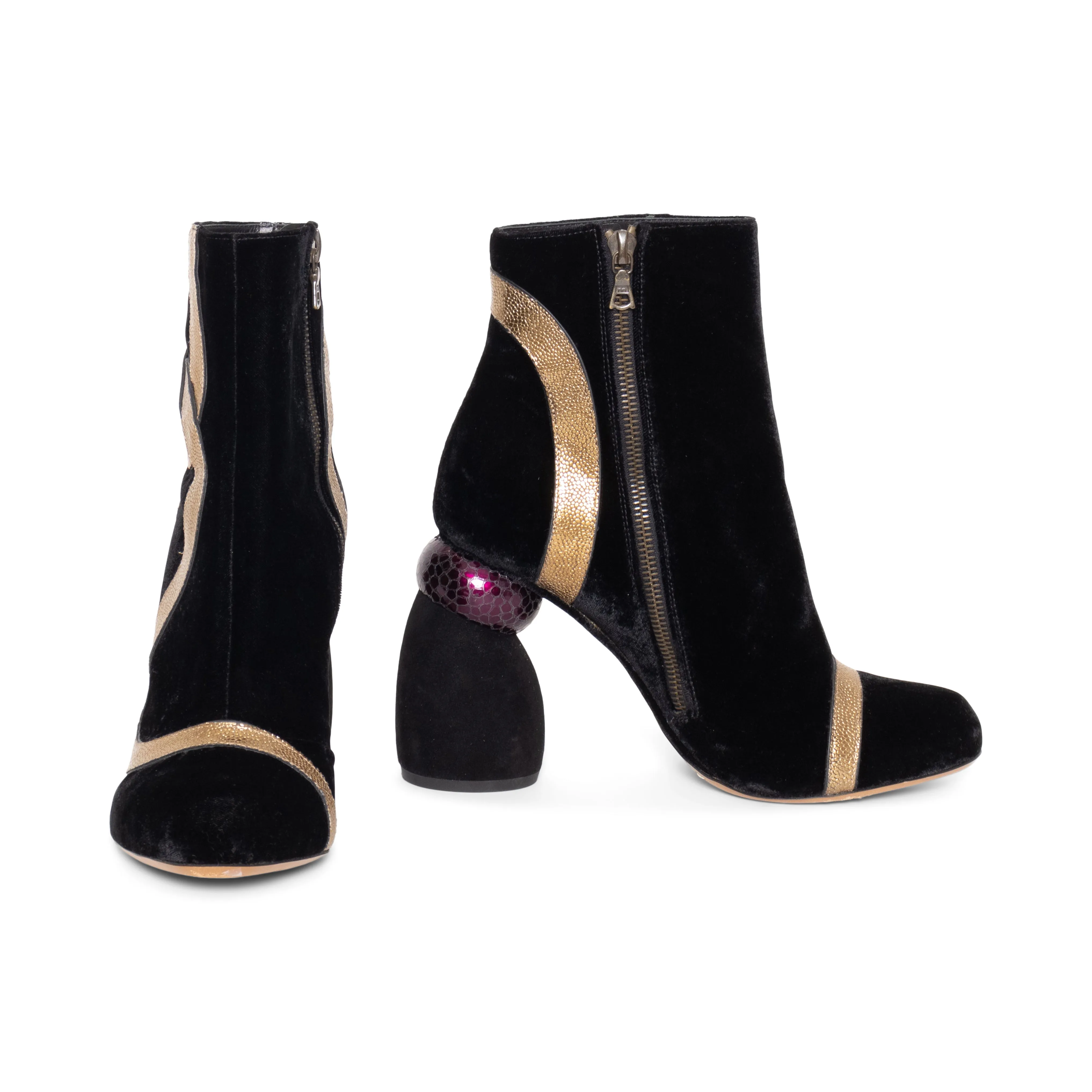 Black Velvet and Metallic Appliqué Boots 37.5