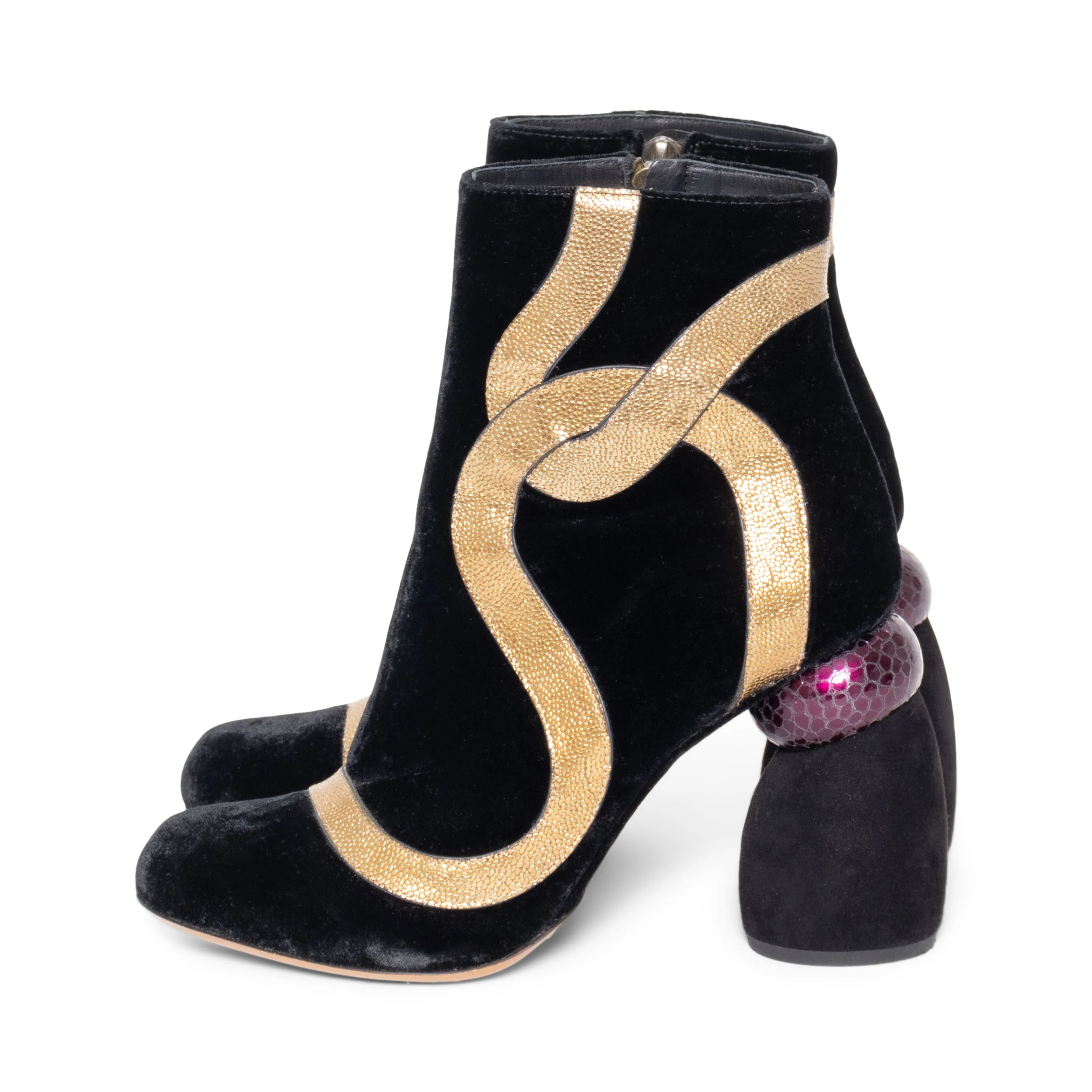 Black Velvet and Metallic Appliqué Boots 37.5