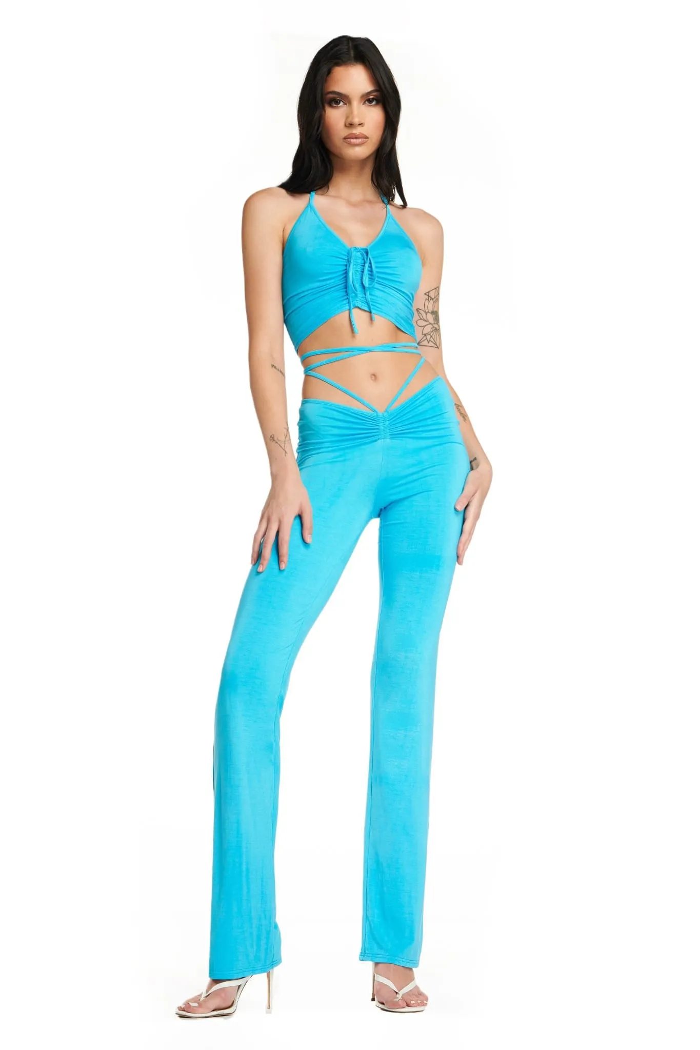 Blue Lace-Up Ruched Flare Pants & Halter Crop Top