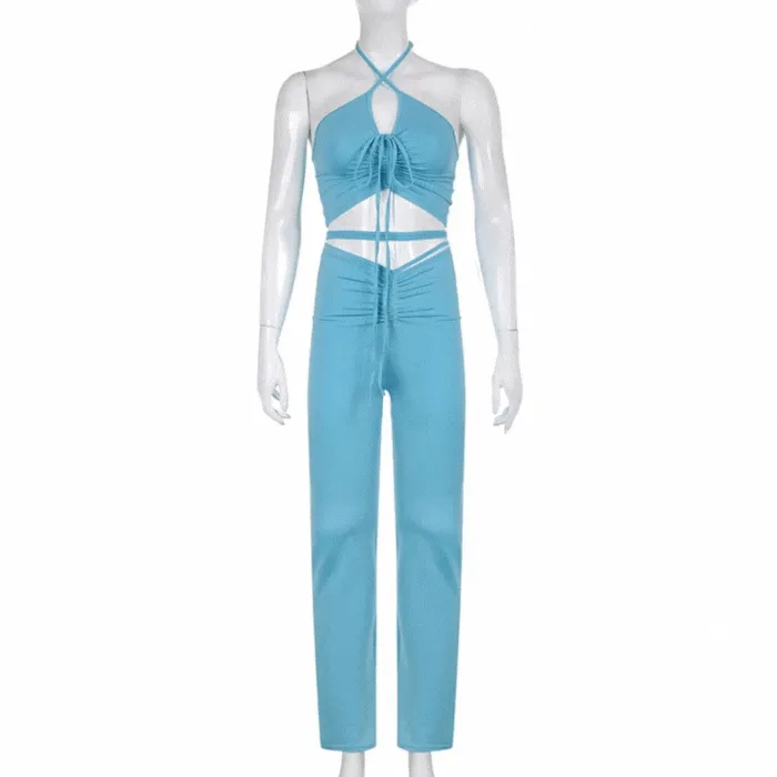 Blue Lace-Up Ruched Flare Pants & Halter Crop Top