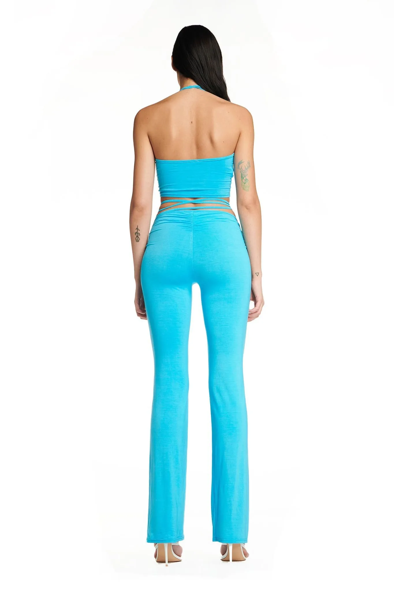 Blue Lace-Up Ruched Flare Pants & Halter Crop Top