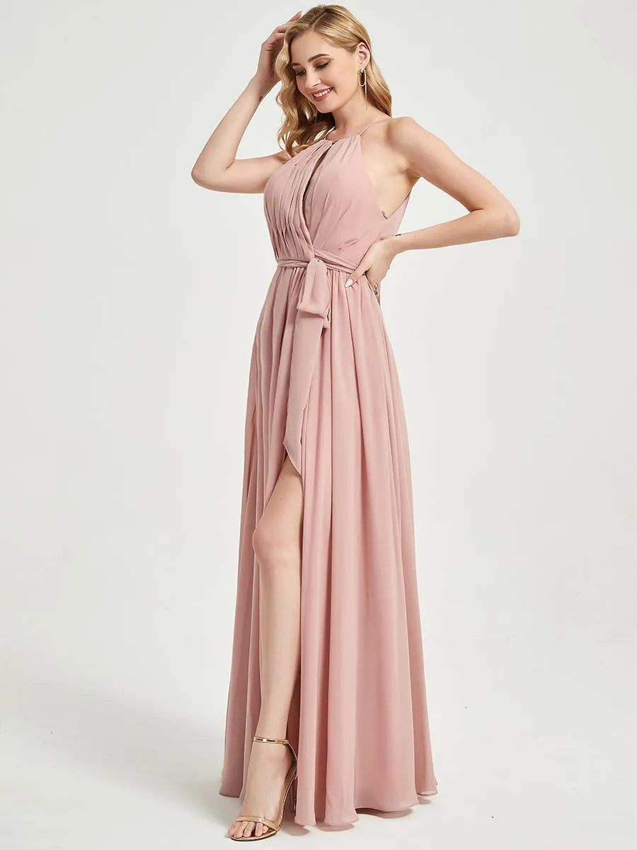 Burnt Orange Halter Neck Slit Wrap Chiffon Bridesmaid Dress Floor Length