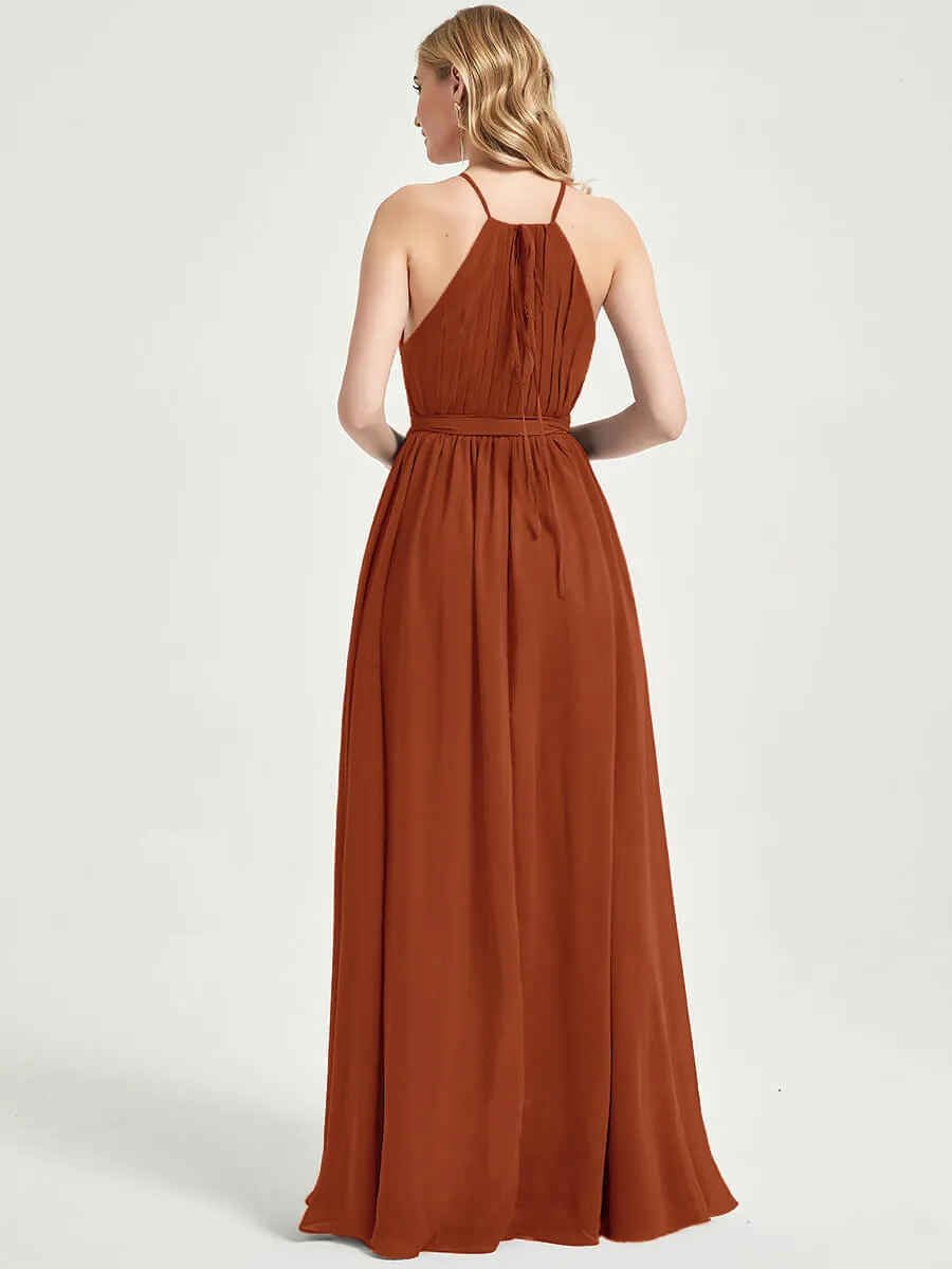 Burnt Orange Halter Neck Slit Wrap Chiffon Bridesmaid Dress Floor Length