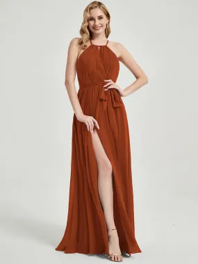 Burnt Orange Halter Neck Slit Wrap Chiffon Bridesmaid Dress Floor Length