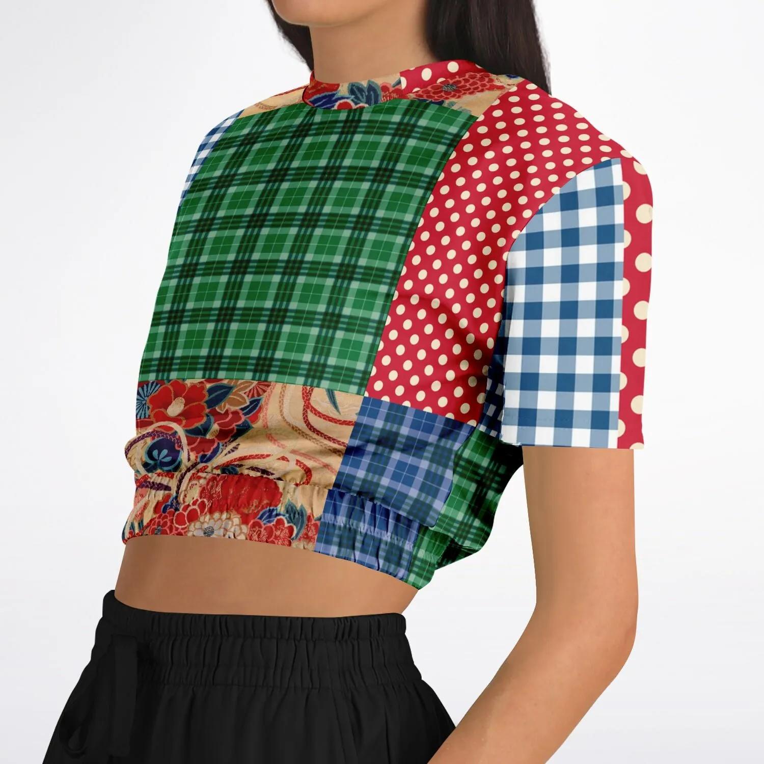 Busan Fleur Plaid Patchwork Short Sleeve Cropped Eco-Poly Sweater