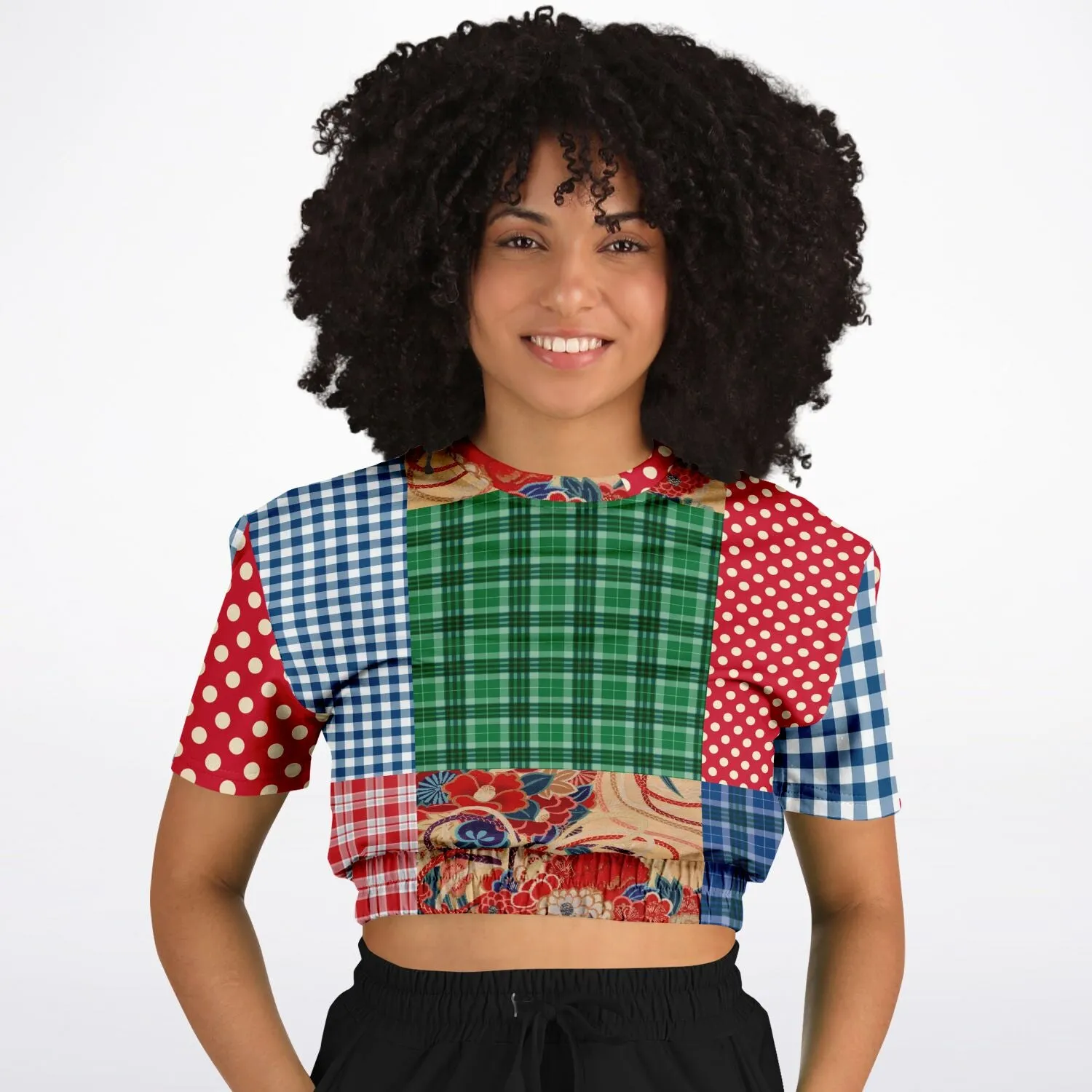 Busan Fleur Plaid Patchwork Short Sleeve Cropped Eco-Poly Sweater