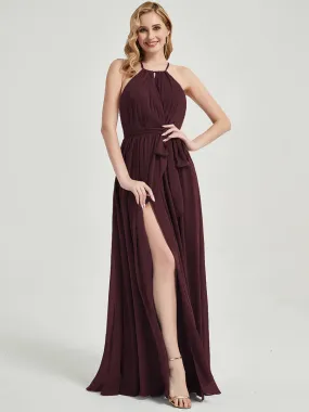 Cabernet Halter Neck Slit Wrap Chiffon Bridesmaid Dress Floor Length