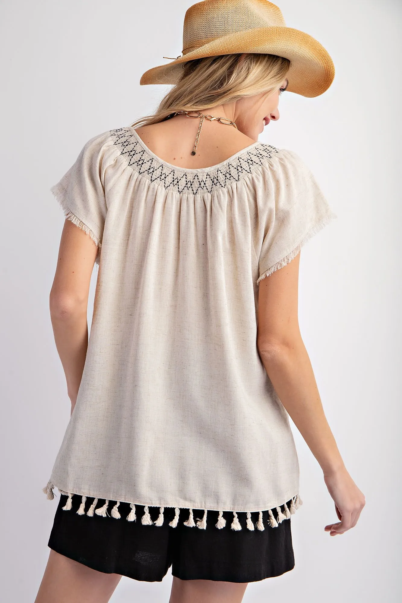 Cap Sleeve Tassel Linen Top