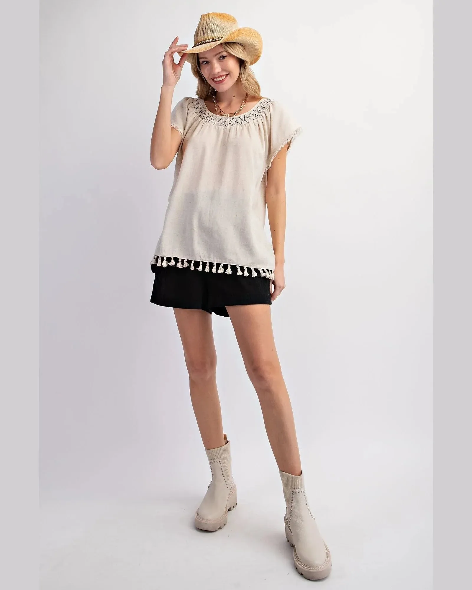 Cap Sleeve Tassel Linen Top