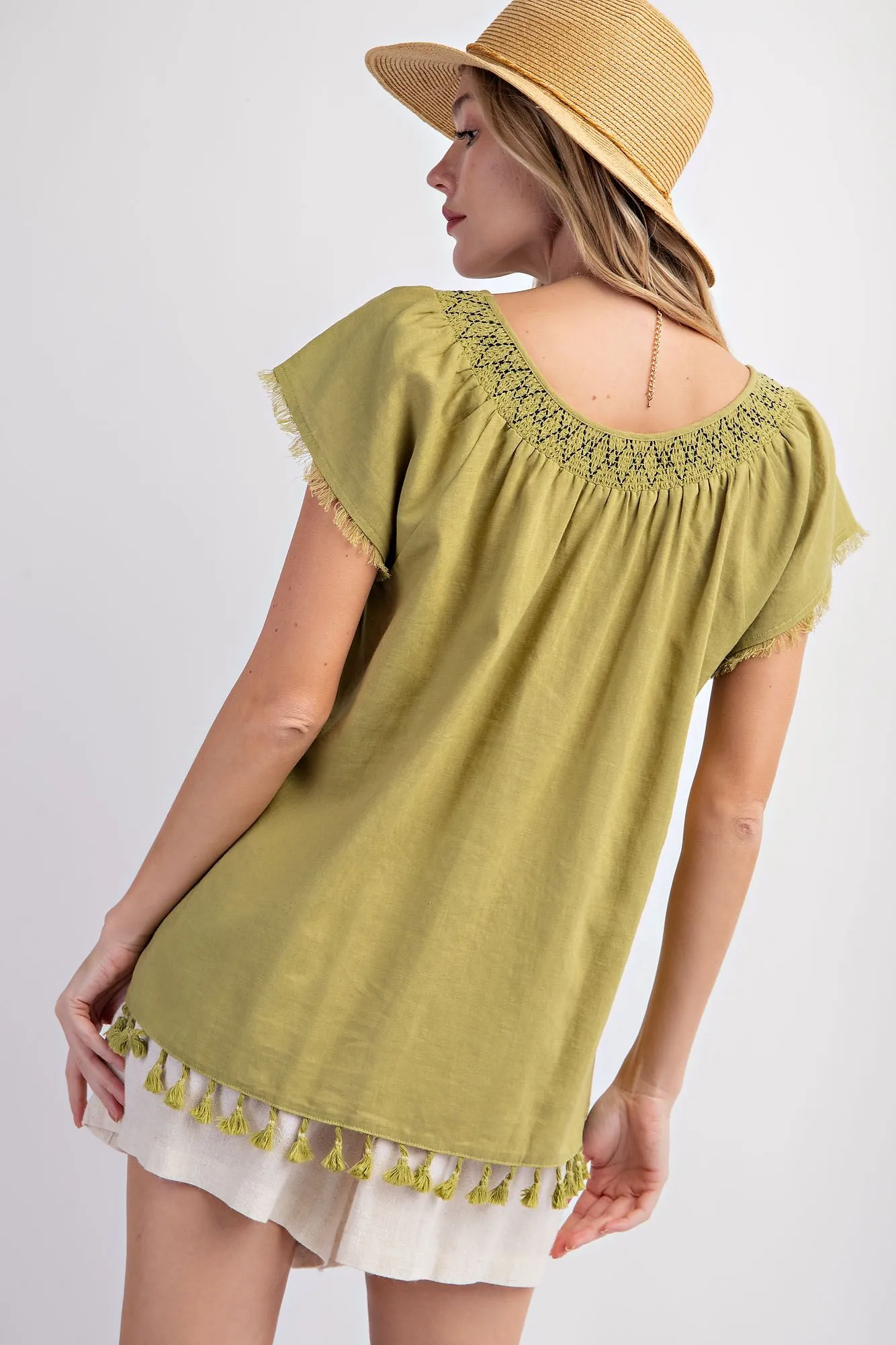 Cap Sleeve Tassel Linen Top