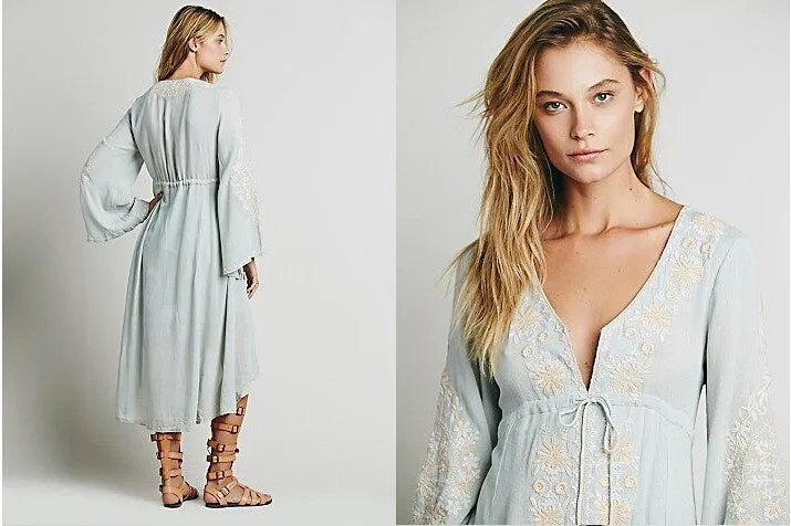 Carolina Embroidered High Low Midi Dress Choose Black Baby Blue Peach Army Green Or White Kaftan Style Empire Waist Bell Sleeves With Beautiful Bohemian Embroidery Available In Small Medium Large Or XL