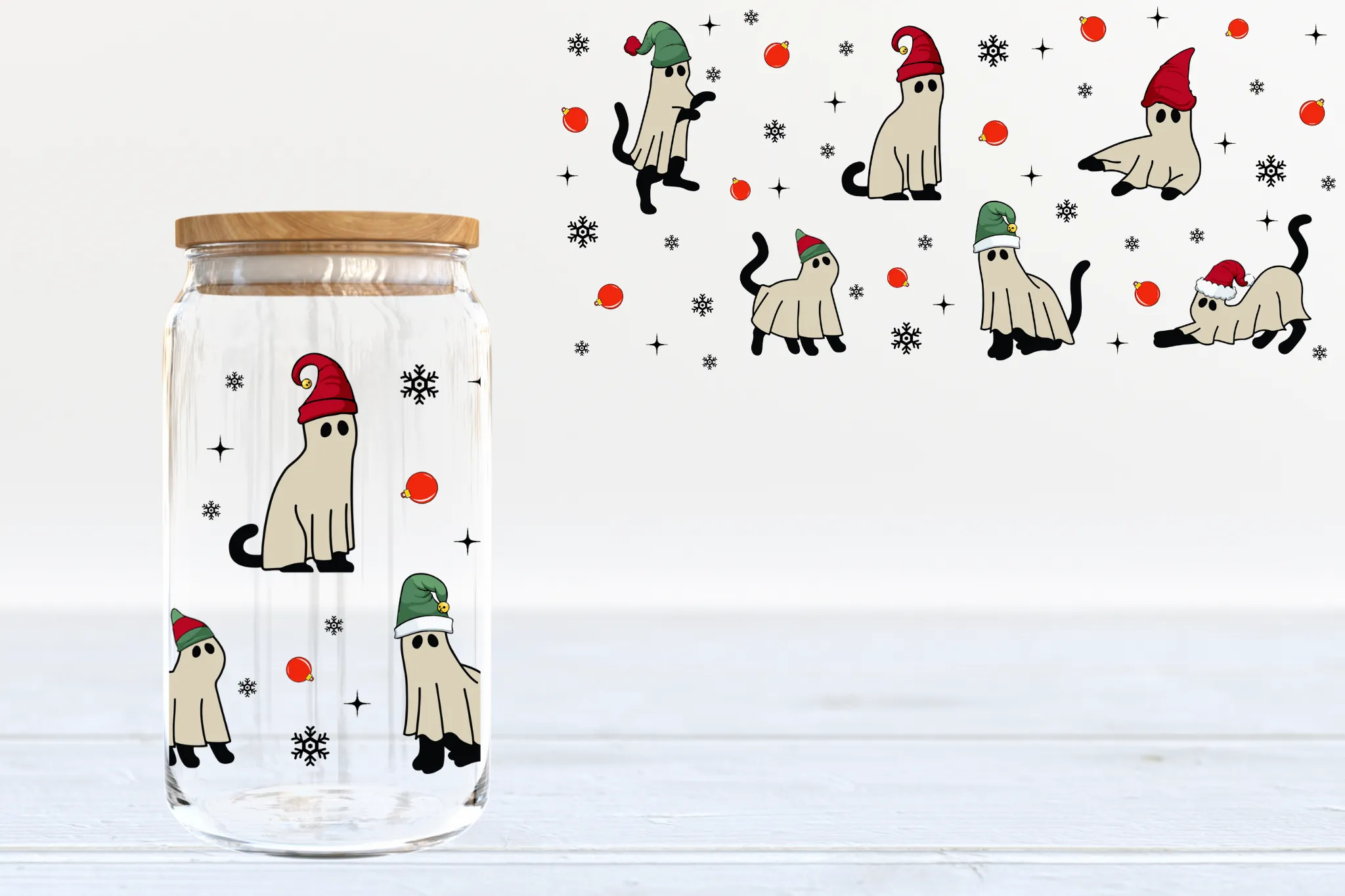 Christmas Ghost Cats UV DTF 16oz Cup Wrap #261 - IN STOCK