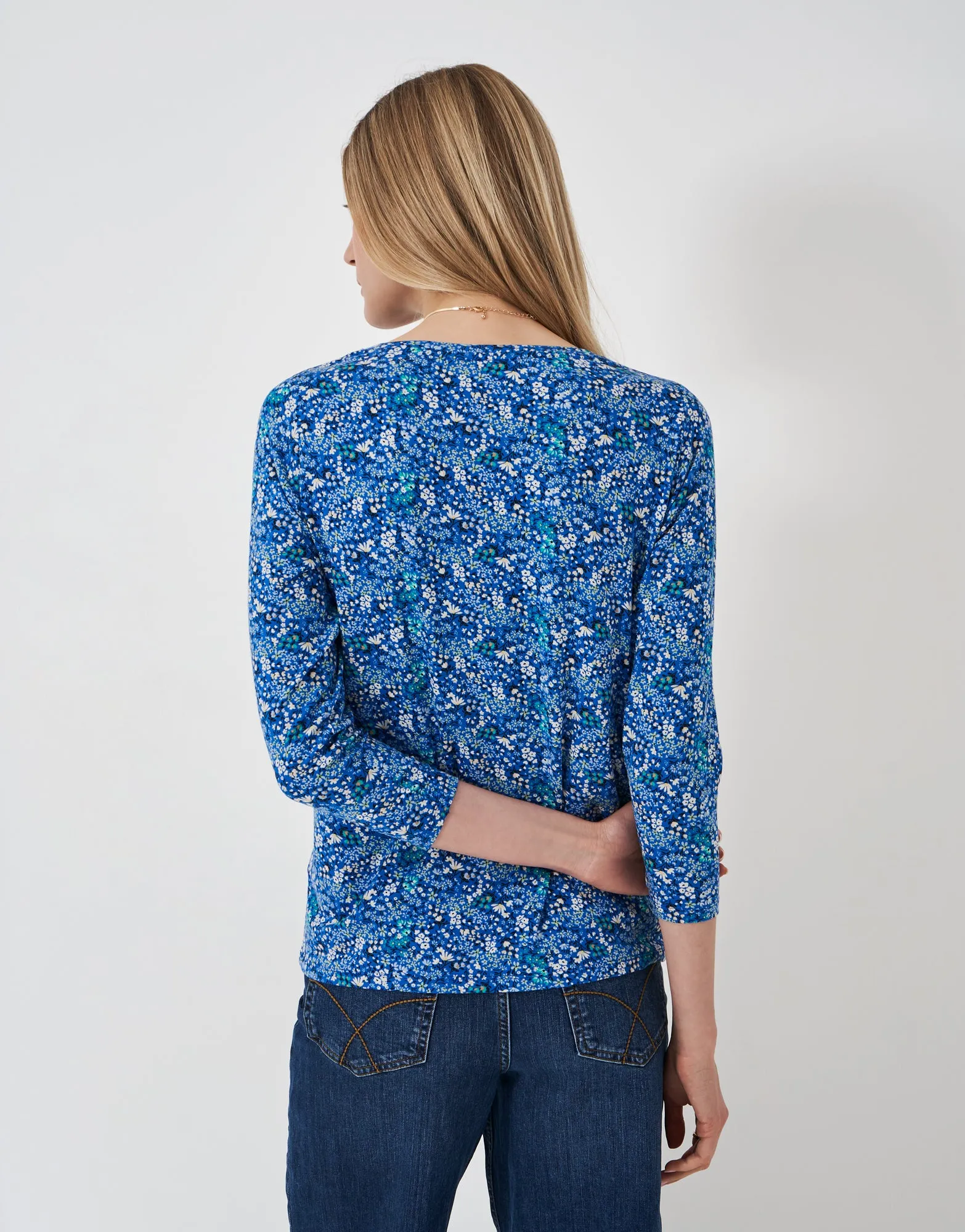 Crew Clothing - 3/4 Sleeve Printed Viscose Top - Blue Ditsy