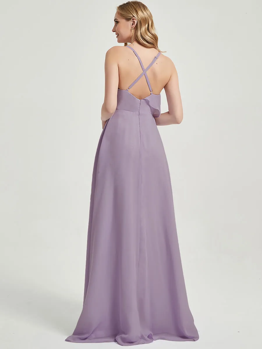 Criss-Cross Straps Ruffles Slit Chiffon Bridesmaid Dress Dusty Purple