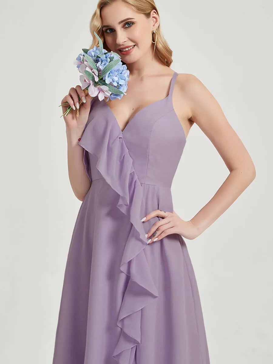 Criss-Cross Straps Ruffles Slit Chiffon Bridesmaid Dress Dusty Purple