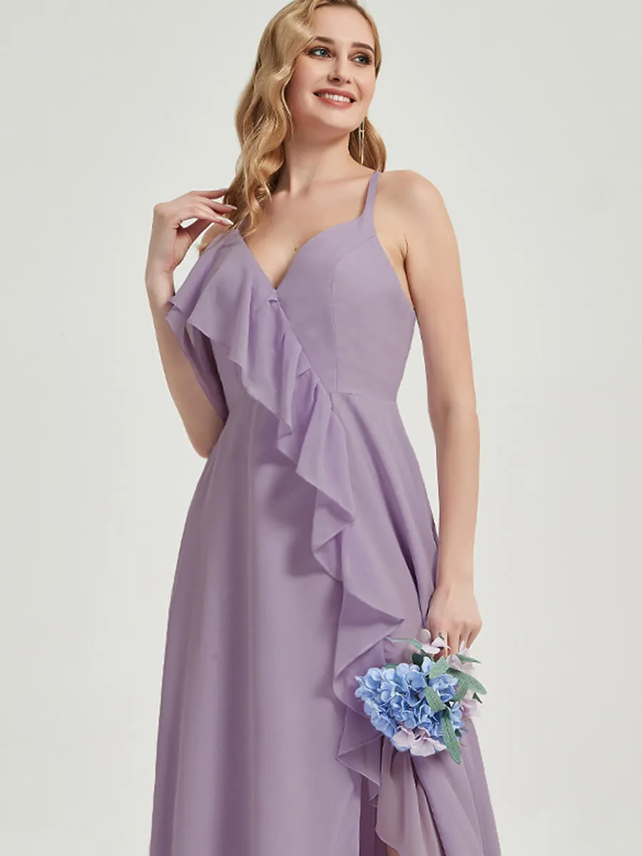 Criss-Cross Straps Ruffles Slit Chiffon Bridesmaid Dress Dusty Purple