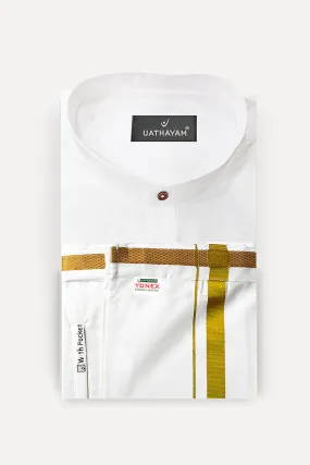 Culture - White Short Kurta and 3/4" Yonex Gold Jari Pocket Dhoti Combo For Mens | Uathayam