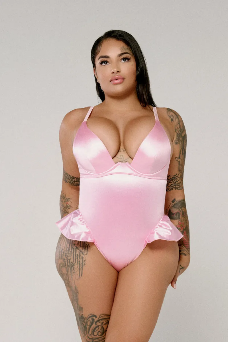 CXIX X HOAH Pillowtalk Plunge Bodysuit - Pink Satin