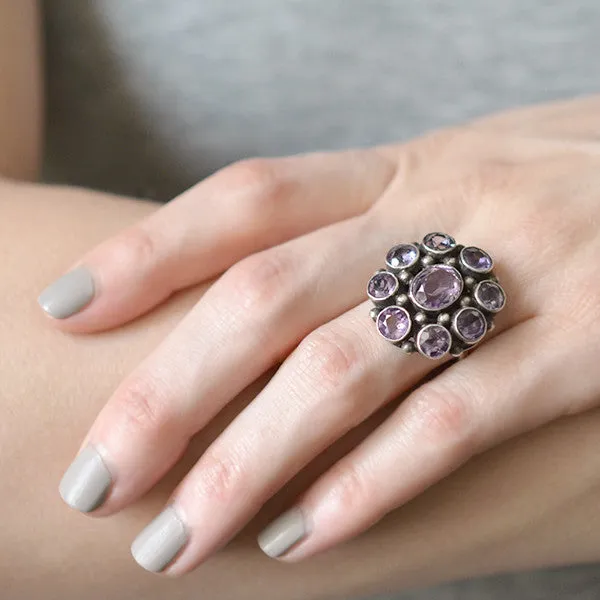 Early Retro Sterling Amethyst Cluster Ring