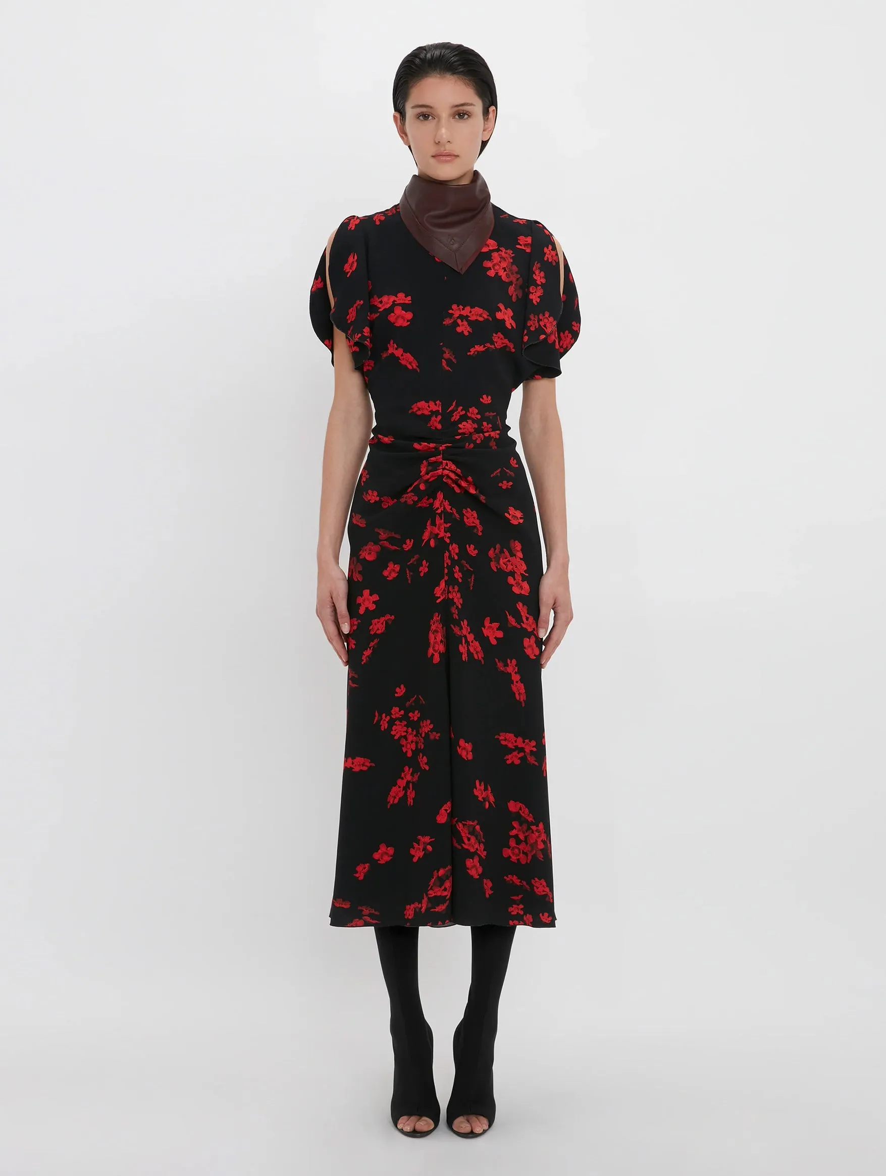 Gathered Waist Midi Dress in Sci-fi Floral Black