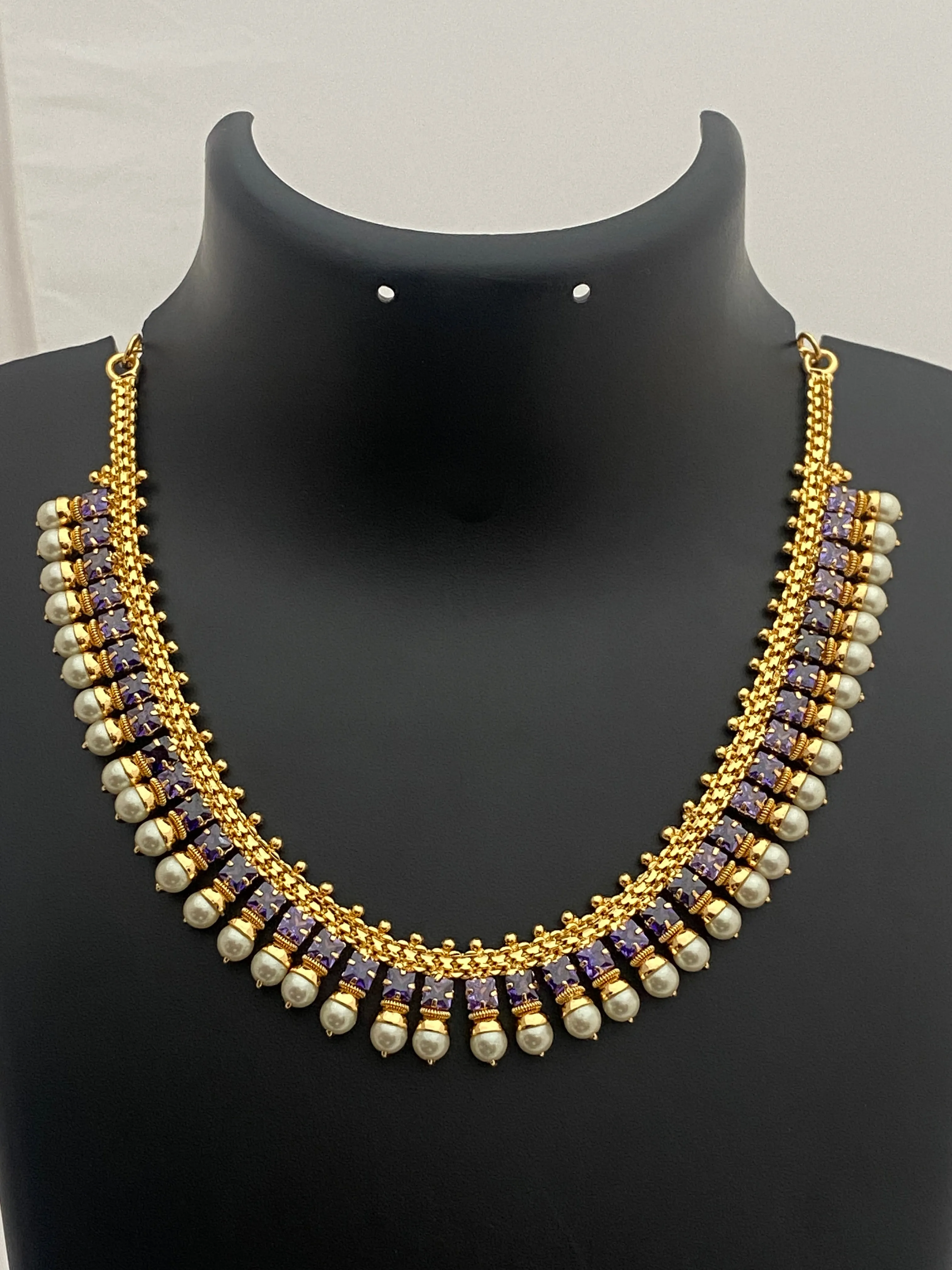 Gorgeous Purple Stoned Necklace With Pearl Beaded