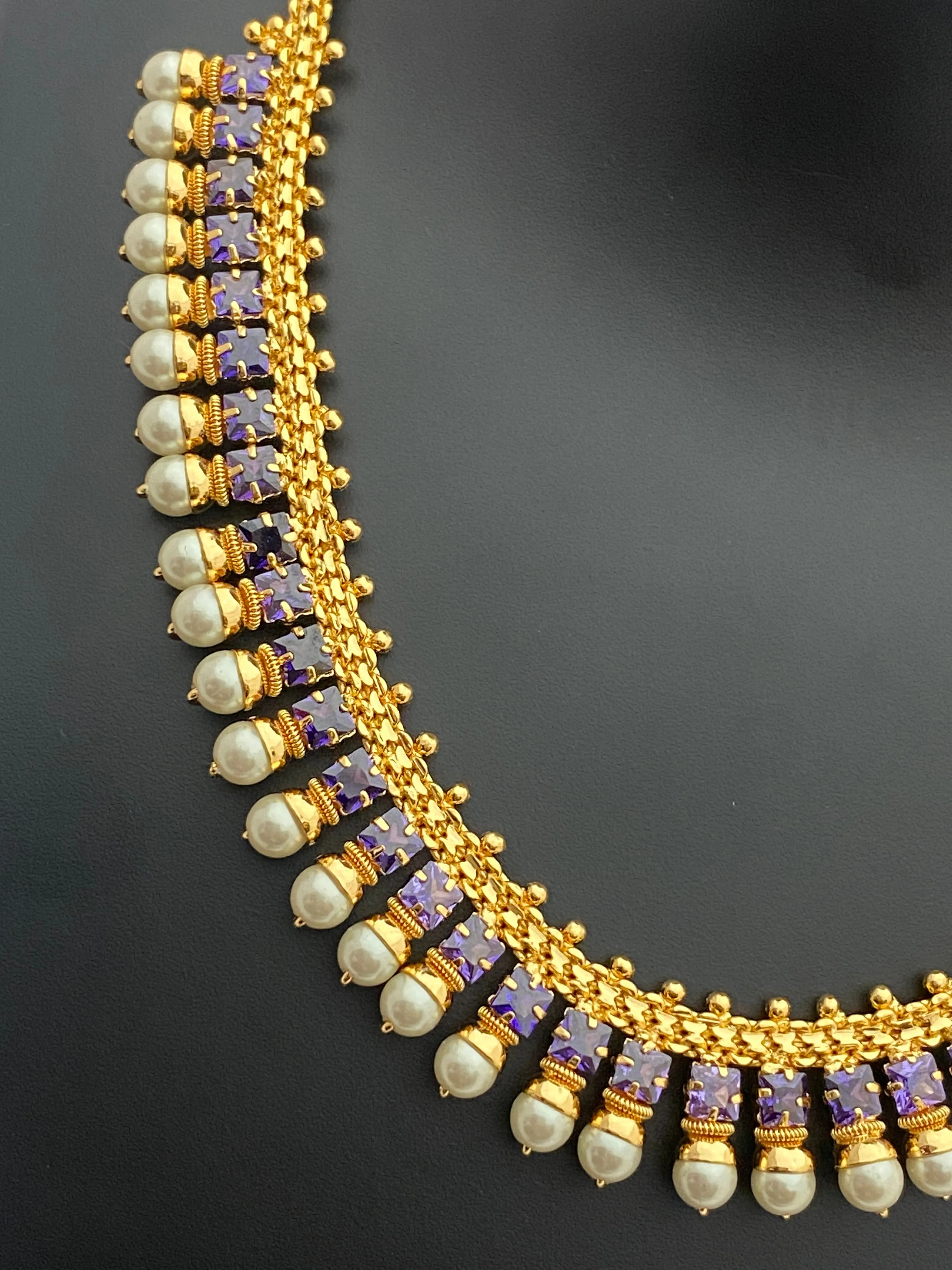 Gorgeous Purple Stoned Necklace With Pearl Beaded