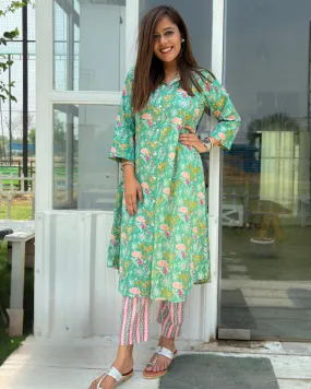 Green Floral Aline Cotton Kurta Set of 2