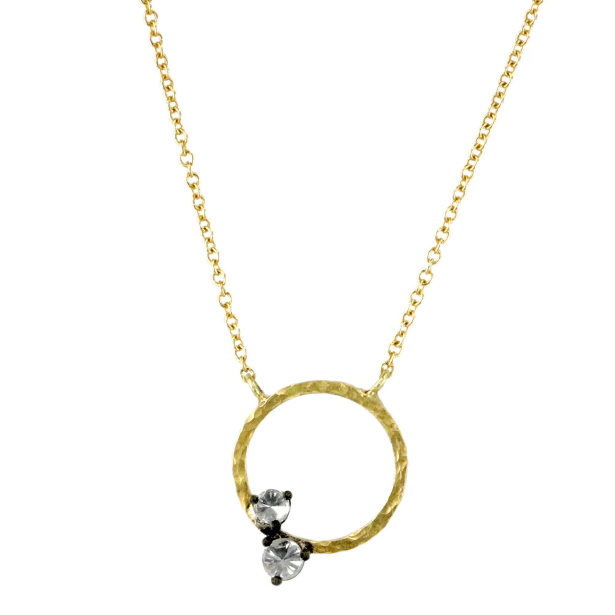 Hammered Open Circle Necklace with Two Diamonds