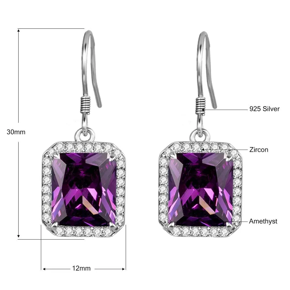 Luxury Rectangle Amethyst Drop Earrings - 925 Sterling Silver