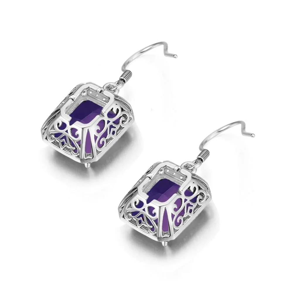 Luxury Rectangle Amethyst Drop Earrings - 925 Sterling Silver