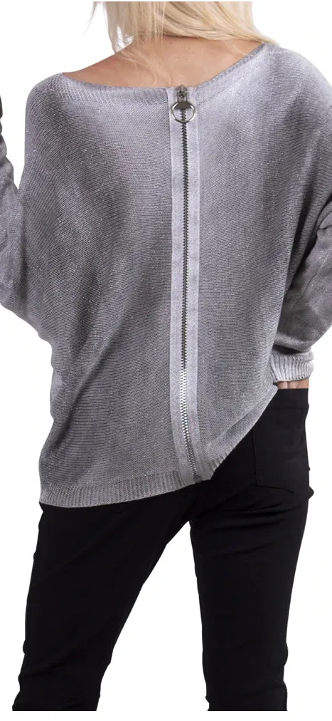 Metallic Gray Sweater w/ Zipper Back