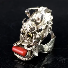 Nepalese Sterling Silver, Coral & Hematite Gemstone Dragon Ring - Large