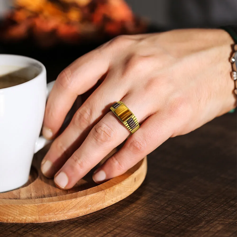 NEW 18K Yellow Gold Plated Mens Heavy Silver Ring Band Tiger's Eye Stone Jewelry