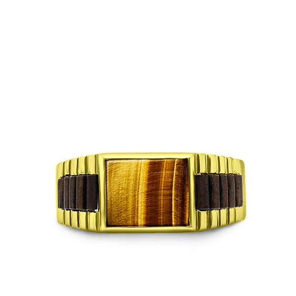 NEW 18K Yellow Gold Plated Mens Heavy Silver Ring Band Tiger's Eye Stone Jewelry