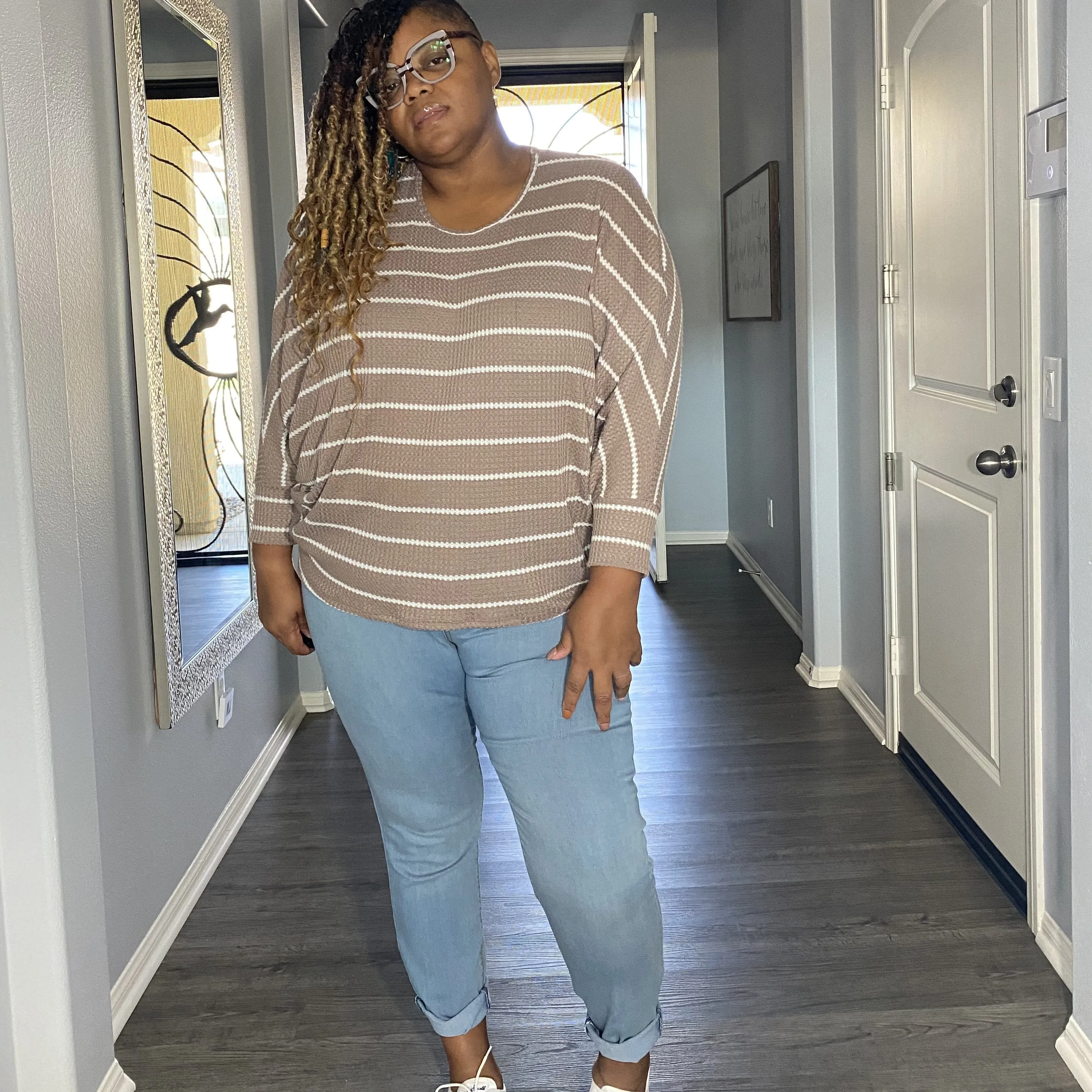 Plus Size Taupe Striped Sleeve Top Size 1X